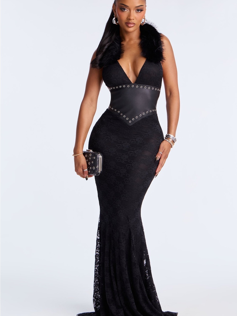 Fashion Nova Black Lace Mermaid Gown with Faux-Fur Collar